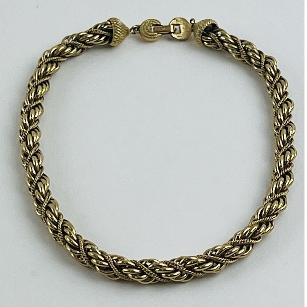Signed Monet Textured Twisted Gold Tone Choker Collar Necklace Acorn Tops Thick
